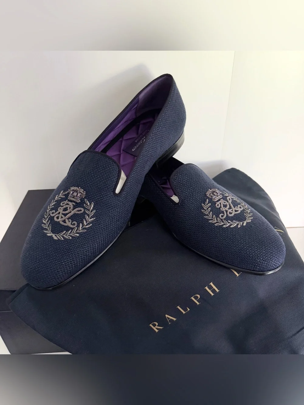 Ralph Lauren Purple Label Alonzo Bullion Crest Linen Slipper in Navy NWT NIB